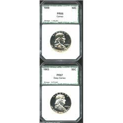 1959 50C Half Dollar PR66 Cameo PCI (PR66 Cameo); and a 1963 Half Dollar PR67 Deep Cameo PCI (PR67 D
