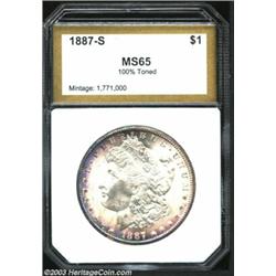1887-S S$1 Morgan Dollar MS65 100% Toned PCI (MS64). The borders have violet and navy-blue patina, w