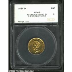 1854-D $3 Three Dollar XF45 Rim Mounts Removed at K-3, 6, 9, 12, Whizzed SEGS. As with all genuine '