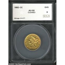 1882-CC $5 Half Eagle AU50 Cleaned SEGS (AU50 Cleaned). An average strike that has been somewhat dul