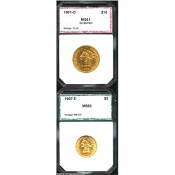 1907-D $5 Half Eagle MS63 PCI (MS62), a bright second year Denver issue; and a 1901-O Eagle MS61 Scr