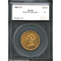 1882-CC $10 Eagle AU58 Brushed Obverse SEGS (AU50 Obverse Field Tooled, Whizzed). The '82-CC is a ra