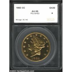 1882-CC $20 Double Eagle AU55 Polished SEGS (AU50 Fields Smoothed, Polished). Winter 2-B. The 1882-C