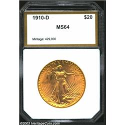 1910-D $20 Double Eagle MS64 PCI (MS63). A lustrous and well preserved piece that has a good strike.