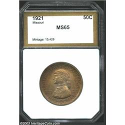 1921 50C Missouri Half Dollar MS65 PCI (MS63 Questionable Toning). The obverse has deep honey-gold p
