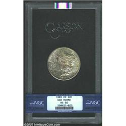 1883-CC S$1 MS65 NGC. The obverse has gorgeously variegated orange, aqua, and pearl-gray patina, whi