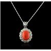 Image 1 : 14KT White Gold 4.90ct Coral and Diamond Pendant With Chain