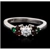 Image 1 : 14KT White Gold 0.40ct Diamond, Garnet and Emerald Ring