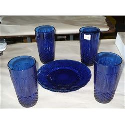 Cobalt Blue Glasses & Plates Set of 4