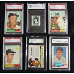 1961 GRADED BASEBALL LOT (5) MANTLE STAMP INSERT BCCG 5, SANTO ROOKIE PSA 8