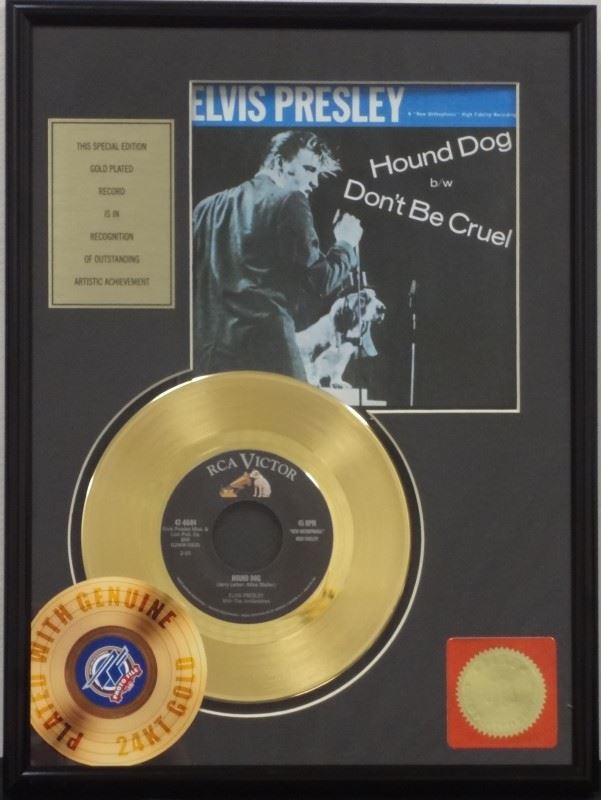 ELVIS PRESLEY ''Hound Dog'' 24KT GOLD PLATED 45 RECORD - Framed 12"x16"
