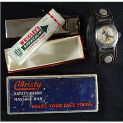 vintage ANTIQUE LOT, MICKEY MOUSE WATCH, CHRISTY RAZOR, SILVER GUM CASE