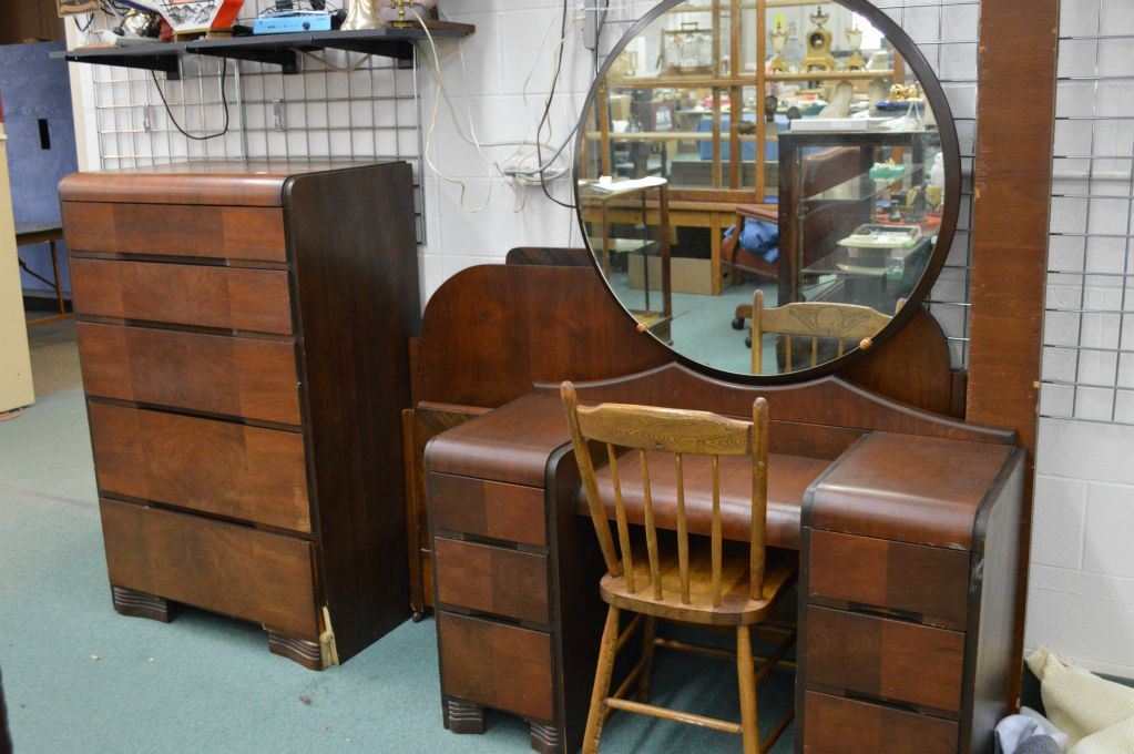 Waterfall bedroom suite including highboy, mirrored vanity and double bed