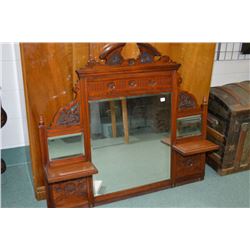 Antique ‚tagŠre topper repurposed as an over mantle with carved highlights and three bevelled mirror