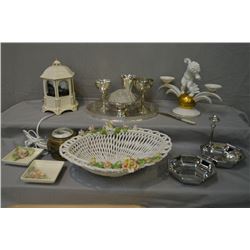 Selection of collectibles including Germany cherub motif candlestick, Thomas Kinkade lamp, selection