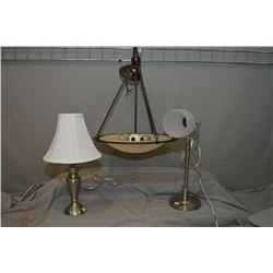 Modern hanging ceiling fixture and two brush aluminium table lamps