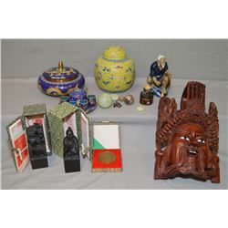 Selection of oriental collectibles including cloisonn‚, mudman, ginger jar, carved mask, boxed seals