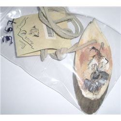 NATIVE AMERICAN INDIAN PAINTED *INDIAN ON HORSE* ON ELK ANTLER WITH LEATHER NECKLACE *HANDMADE-BRAND