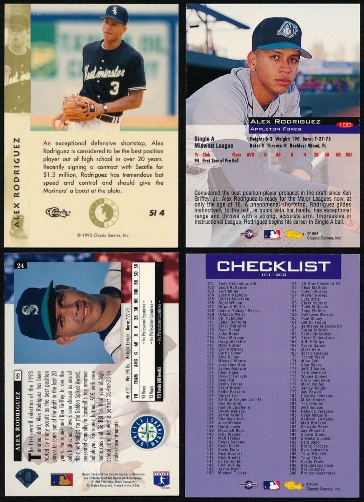 Lot Of 4 1994 Alex Rodriguez Baseball Cards With Upper Deck 24 Rc