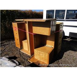 LOT: WOOD FURNITURE, 3 WOODEN 4 DRAWER FILE CABINETS, 1 DESK W/ RETURN, 1 5 DRAWER DESK (print seque