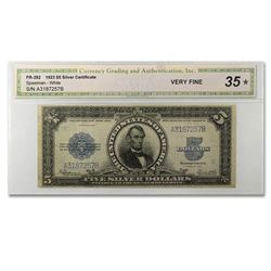 RARE 1923 $5.00 Silver Certificate Lincoln Porthole VF-35 CGA