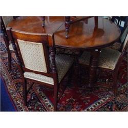 Victorian walnut wind out dining table with extra leaf on ring turned legs and six matching dinin…