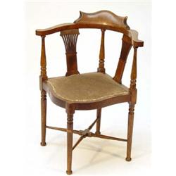 Edwardian inlaid mahogany corner chair with pierced slat and turned legs with cross stretcher…