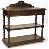 Image 1 : Carved oak three tier buffet with lion mask carved back rail and drawers on barleytwist supports…