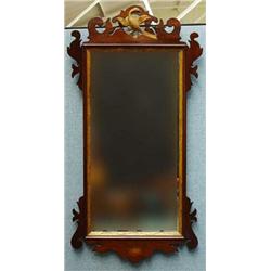 Rectangular inalid Edwardian mahogany mirror with goose design pediment and shell inlay, 80cm hig…