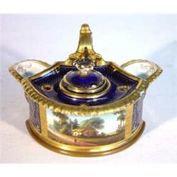 Worcester Flight Barr and Barr porcelain inkwell, hand painted with a panel of Binstead Cottage, …