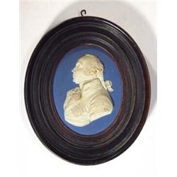 Oval Wedgwood deep blue and white Jasperware medallion portrait plaque of a gentleman, impressed …