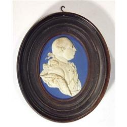 Oval Wedgwood deep blue and white Jasperware medallion portrait plaque of a gentleman, impressed …