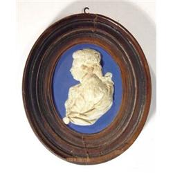 Oval Wedgwood deep blue and white Jasperware medallion portrait of George III, impressed Wedgwood…