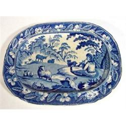 Early Victorian blue and white transfer printed rectangular pottery plate, decorated with a sheph…