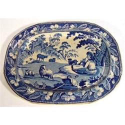 Early Victorian blue and white transfer printed rectangular pottery plate, decorated with a sheph…