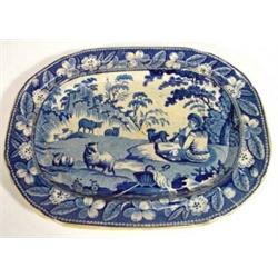 Early Victorian blue and white transfer printed rectangular plate, decorated with a shepherd and …