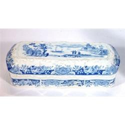 Early Victorian blue and white transfer printed rectangular pottery pen tray and cover, decorated…