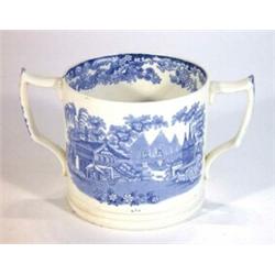 Victorian 'Genevese' patterned blue and white transfer loving cup, marks to base, 14cm high…