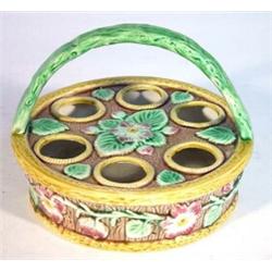 Victorian Majolica egg basket moulded with leaves and flowers, decorated in greens, pinks, browns…