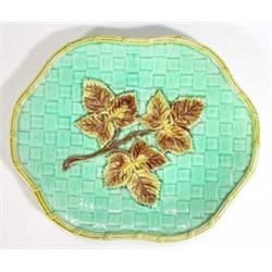 Victorian Majolica shaped plate with oak leaf design onto a green basketweave ground, impressed n…