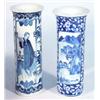 Image 1 : Two cylindrical Chinese spill vases, hand painted with blue and white panels of mountains and fig…