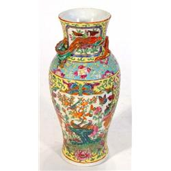 Cantonese baluster vase, hand painted with highly decorated panels of birds and flowers onto a ye…