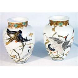 Large pair of milk glass porcelain Japanese vases, hand painted with birds and cranes amongst ree…