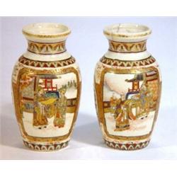 Pair of Japanese Satsuma  pottery vases, decorated with panels of gentlemen and flowers, 9cm high…