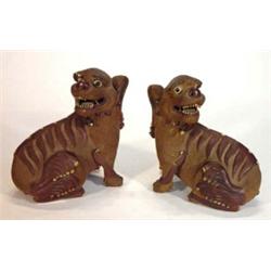 Pair of brown glazed pottery Foo dogs with open mouths,18cm high…