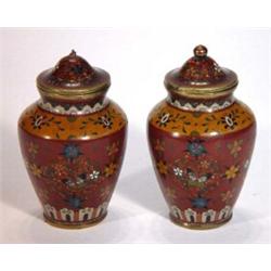 Pair of Cloisonne vases, decorated with panels of butterflies and flowers onto a brown ground, 12…