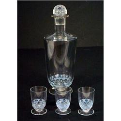 Lalique 'Poisson' design decanter and stopper with six matching glasses, marks to base, largest 3…