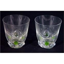 Pair of clear and green glass Lalique tumblers, moulded with Celtic knot design, etched marks to …