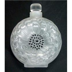 Circular Lalique glass scent bottle, moulded and enamelled with flower heads, signature to base, …