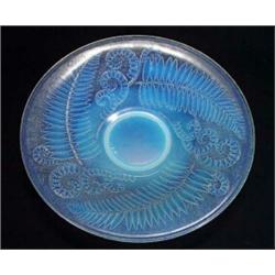 Large Etling opalescent glass shallow bowl, moulded with fern leaves, marks to base, 35cm diamete…